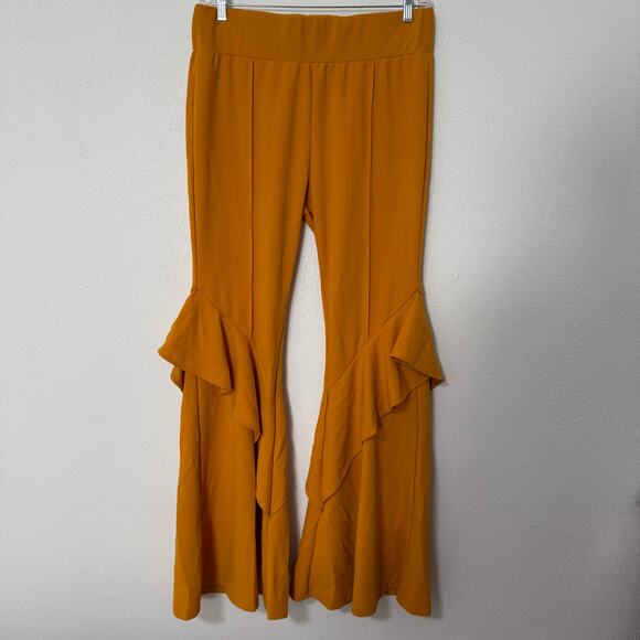L & B Lucky & Blessed Women's Yellow Mustard Ruffle Flare Pants 3X - Picture 2 of 9